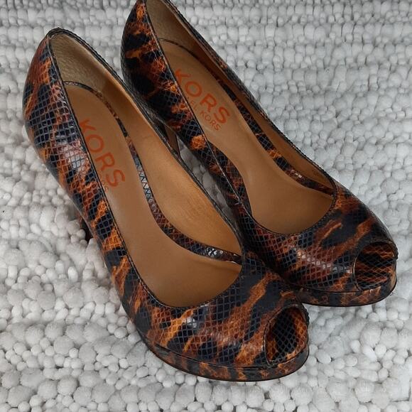 Michael Kors Flora Snake Open Toe Heels Sz 7.5 - Picture 1 of 11